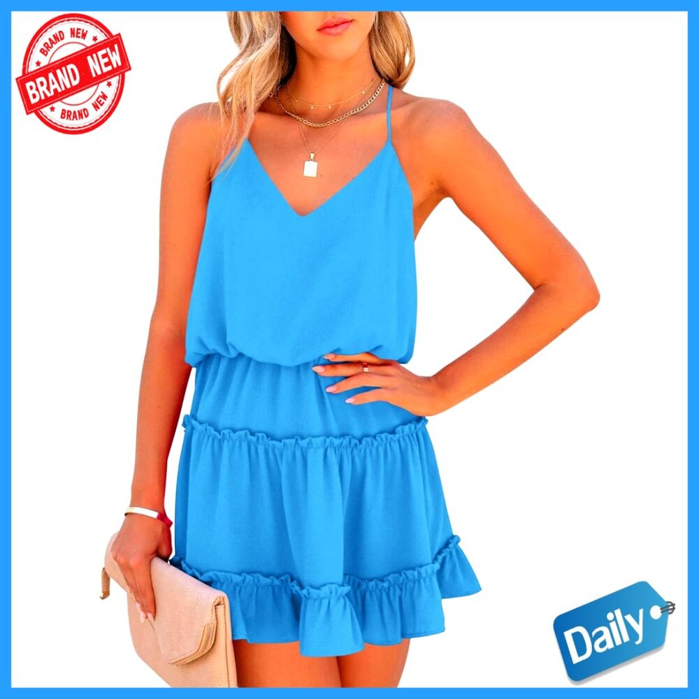Sleeveless V-Neck Mini Dress With Ruffle Spaghetti Straps Racerback Flowy